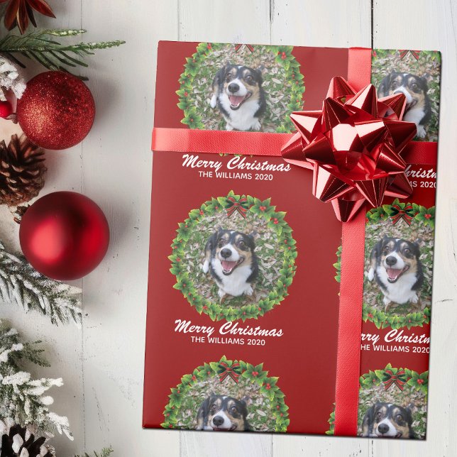 Merry Christmas Wreath Custom Dog Photo Red Wrapping Paper (Creator Uploaded)
