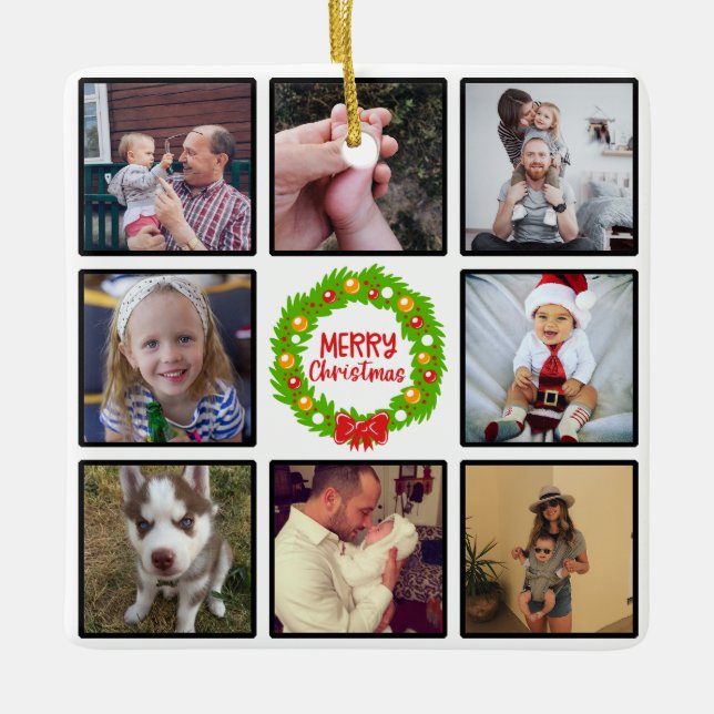 Merry Christmas Wreath Custom Photo Collage Ceramic Ornament (Front)