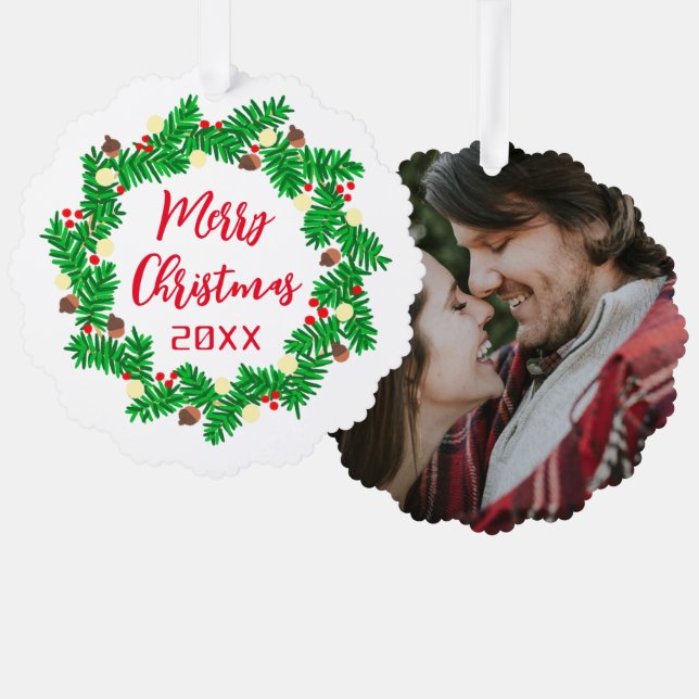 Merry Christmas Wreath Custom Photo Ornament Card (Front/Back)