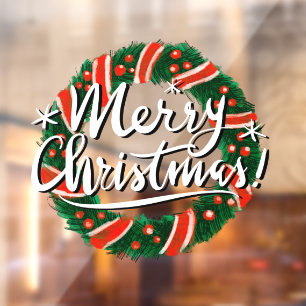 Merry Christmas wreath door sign window cling