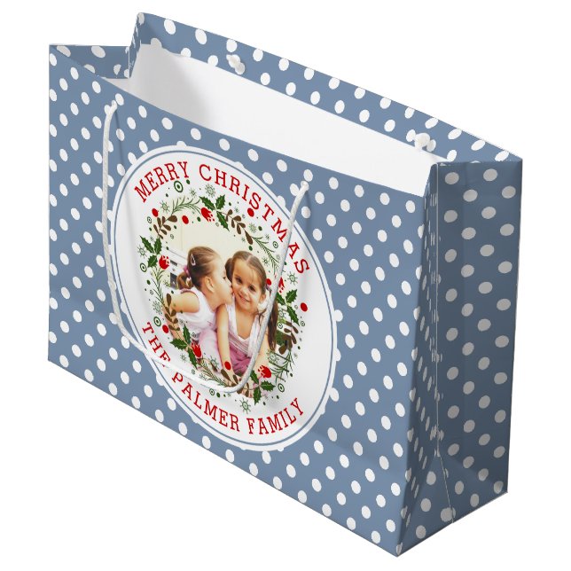 Merry Christmas wreath dusty blue dots photo Large Gift Bag (Front Angled)