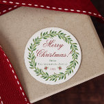 Merry Christmas Wreath Family  Classic Round Sticker<br><div class="desc">Beautiful greenery wreath and berries "Merry Christmas" customizable stickers.</div>