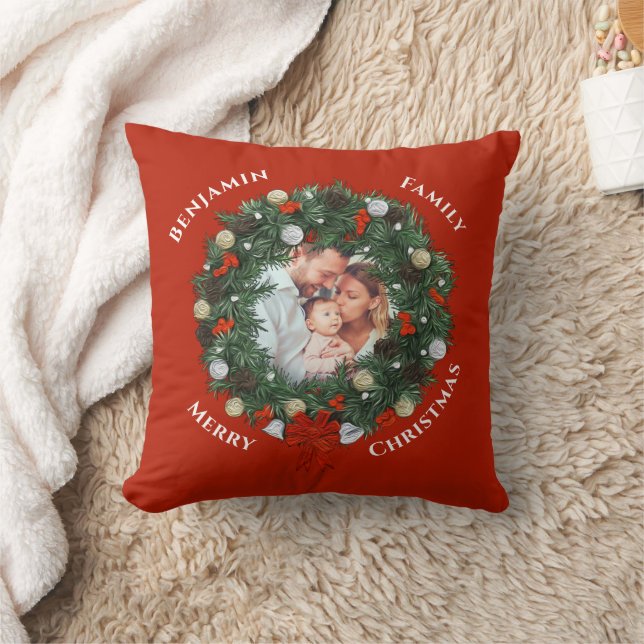 Merry Christmas Wreath Family Photo Personalize  Throw Pillow (Blanket)
