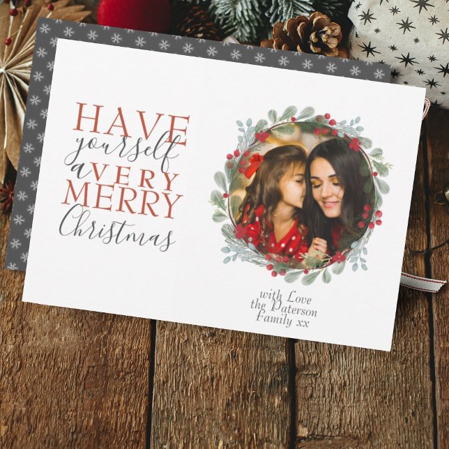Merry Christmas Wreath Foliage Photo  Holiday Card (Creator Uploaded)