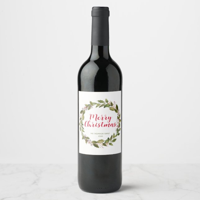 Merry Christmas Wreath Gift  Wine Label (Front)