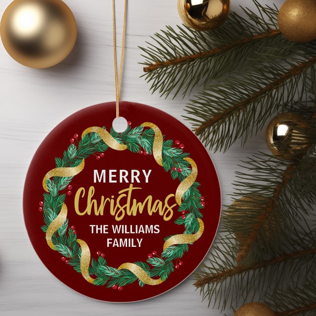 Merry Christmas Wreath Gold Family Custom Red Ceramic Ornament (Creator Uploaded)