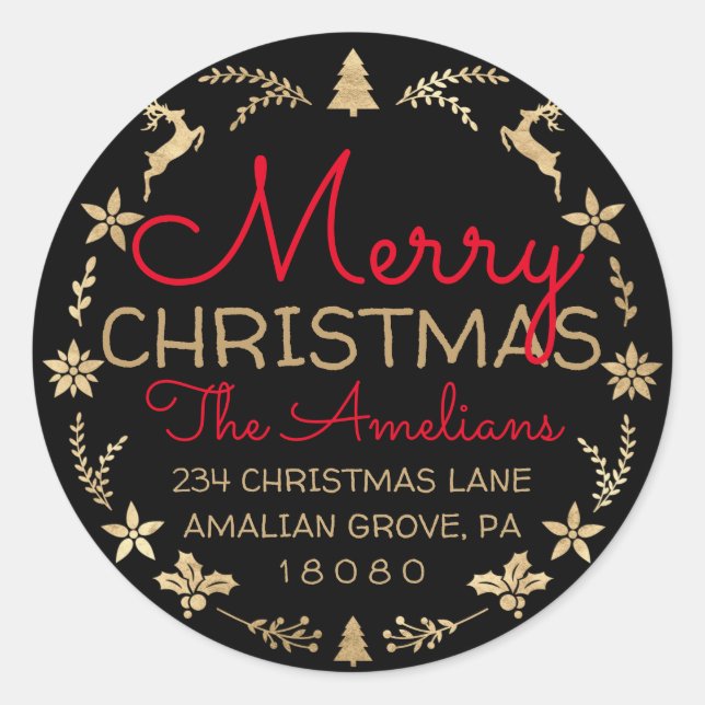 Merry Christmas Wreath Gold Rustic RSVP Black Classic Round Sticker (Front)