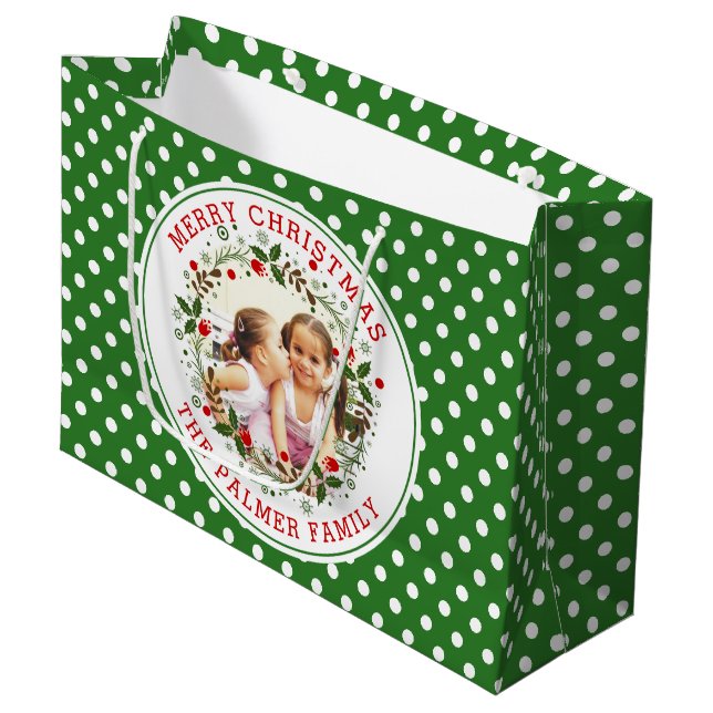 Merry Christmas, wreath, green polka dots photo Large Gift Bag (Front Angled)