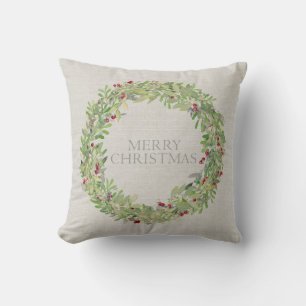 Merry Christmas Wreath grey burlap Throw Pillow