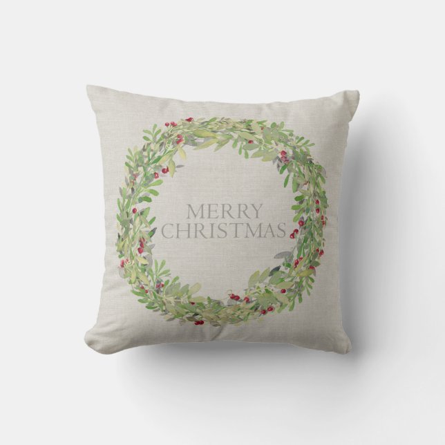 Merry Christmas Wreath grey burlap Throw Pillow (Front)