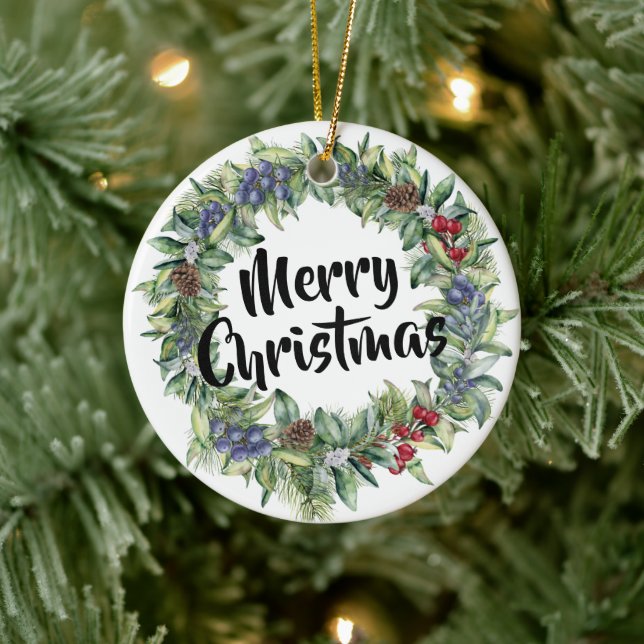 Merry Christmas - Wreath - Hand Painted Watercolor Ceramic Ornament (Tree)