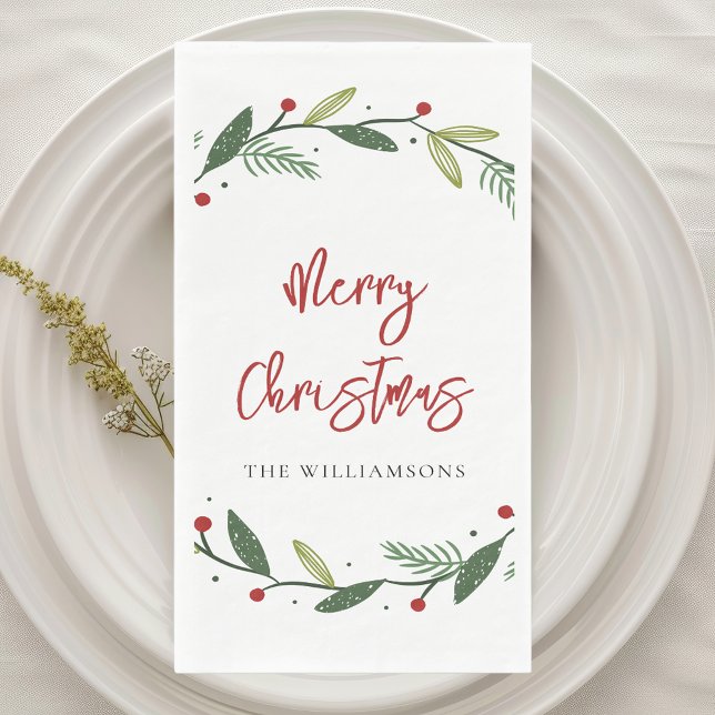 Merry Christmas Wreath Handwritten Holidays Napkin (Merry Christmas Script Chic Paper Guest Towel)