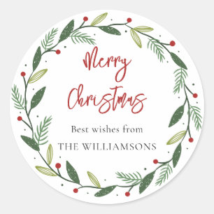 Merry Christmas Wreath Handwritten Script Classic Round Sticker