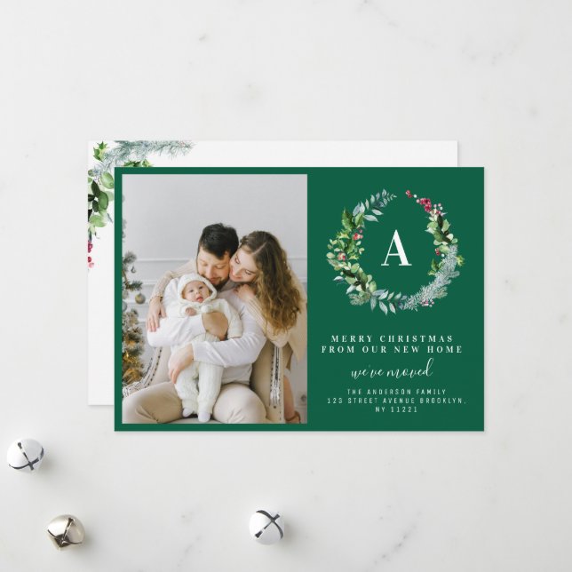 Merry christmas wreath holiday moving announcement (Front/Back In Situ)
