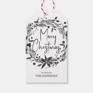 Merry Christmas Wreath Holly Script Black White   Gift Tags