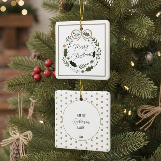 Merry Christmas Wreath Minimalist Modern Ceramic Ornament (Creator Uploaded)