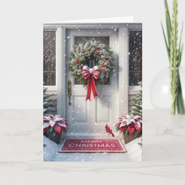 Merry Christmas Wreath On House Door Holiday Card (Front)