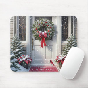 Merry Christmas Wreath On House Door Mouse Pad