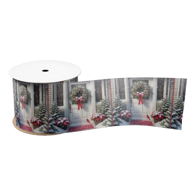 Merry Christmas Wreath On House Door Satin Ribbon (Spool)