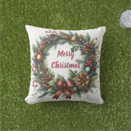 Merry Christmas Wreath  Outdoor Pillow