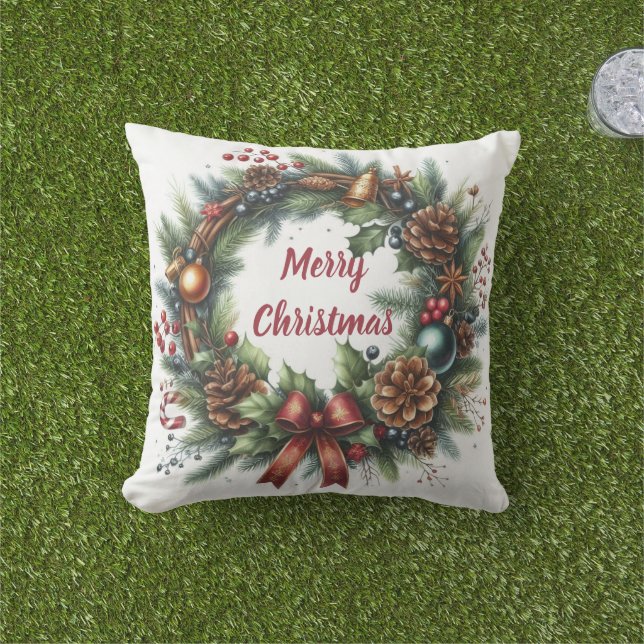 Merry Christmas Wreath  Outdoor Pillow (Grass)