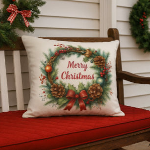 Merry Christmas Wreath  Outdoor Pillow