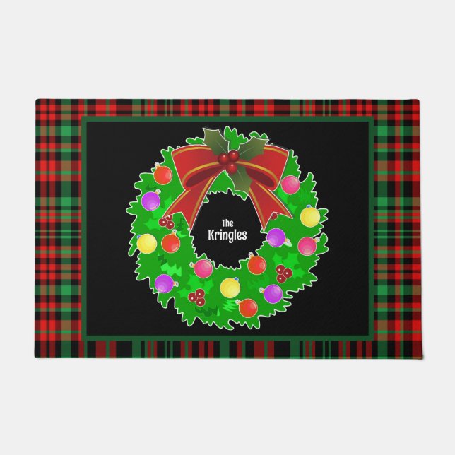 Merry Christmas Wreath Personalize Red Green Plaid Doormat (Front)