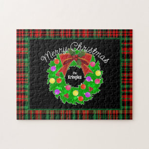 Merry Christmas Wreath Personalize Red Green Plaid Jigsaw Puzzle