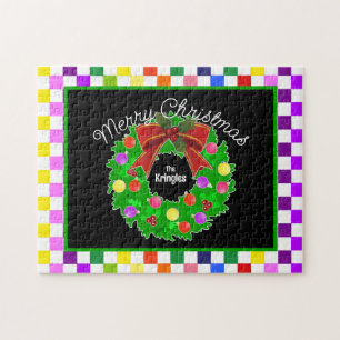 Merry Christmas Wreath Personalized Colourful Jigsaw Puzzle
