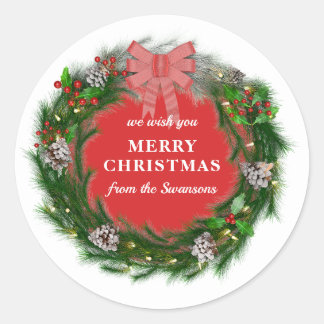 Merry Christmas Wreath Personalized Family Name Classic Round Sticker