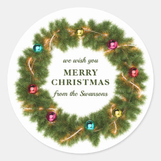 Merry Christmas Wreath Personalized Family Name Classic Round Sticker
