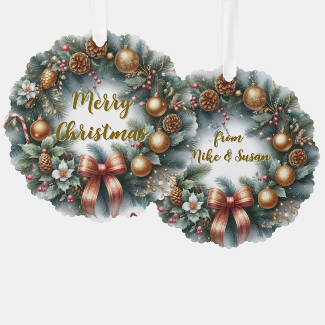 Merry Christmas Wreath Personalized  Ornament Card (Front/Back)