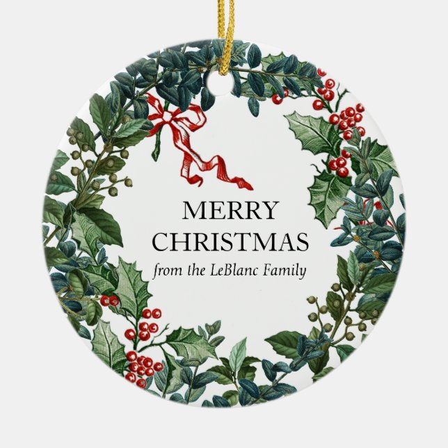 Merry Christmas Wreath Personalized Red Bow Green  Ceramic Ornament (Front)