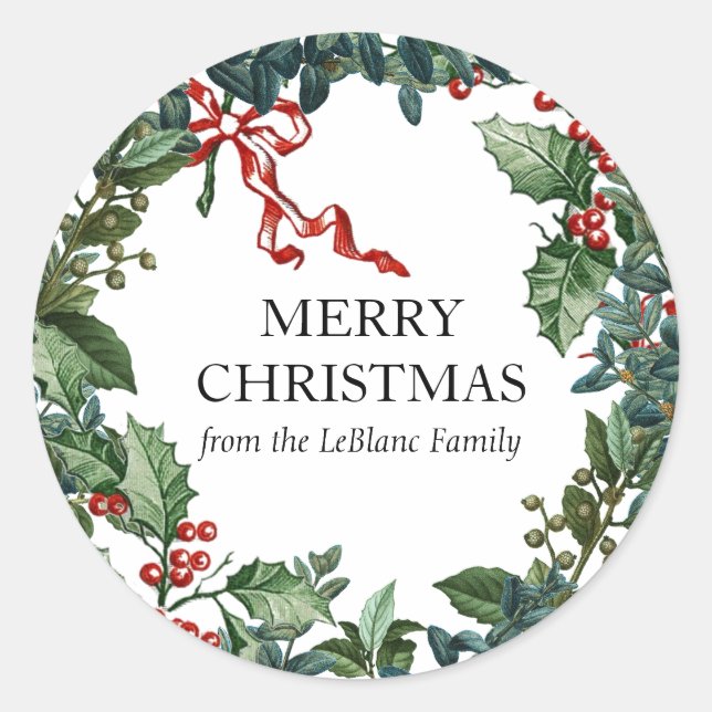 Merry Christmas Wreath Personalized Red Bow Green Classic Round Sticker (Front)