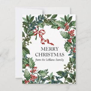 Merry Christmas Wreath Personalized Red Bow Holly Holiday Card