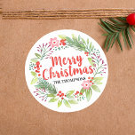 Merry Christmas Wreath Personalized Script Classic Round Sticker<br><div class="desc">A watercolor Christmas wreath Sticker. Personalize it for your Holiday Cards. Designed for you by Blackberry Boulevard.</div>