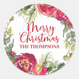 Merry Christmas Wreath Personalized Script Classic Round Sticker