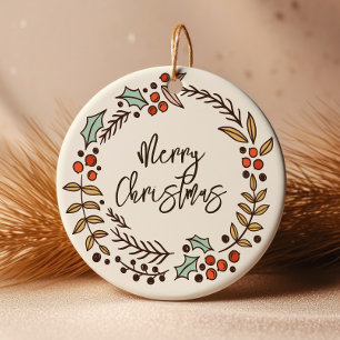 Merry Christmas Wreath Photo Ceramic Ornament