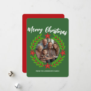 Merry Christmas Wreath Photo Holiday Family Name Card