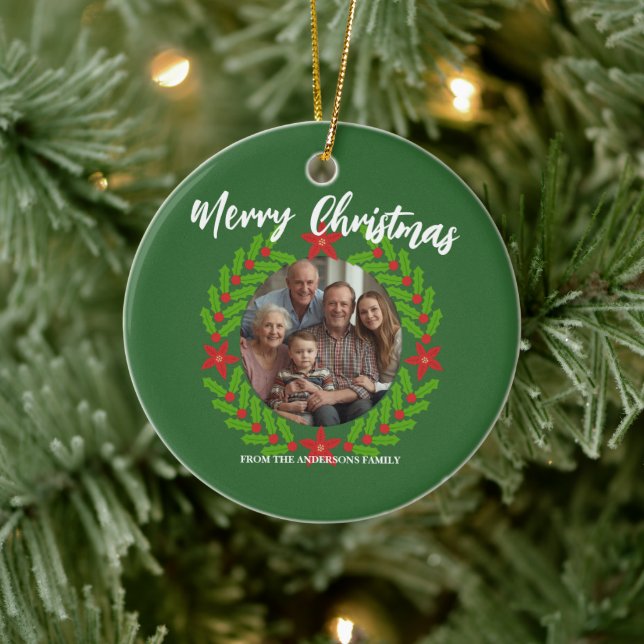 Merry Christmas Wreath Photo Holiday Family Name Ceramic Ornament (Tree)