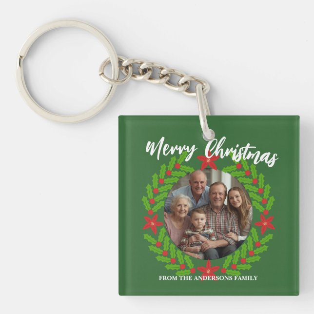 Merry Christmas Wreath Photo Holiday Family Name Keychain (Front)