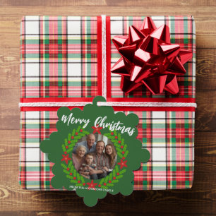 Merry Christmas Wreath Photo Holiday Family Name Ornament Card