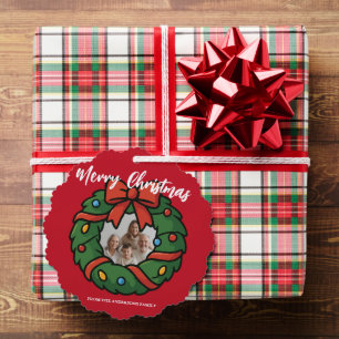 Merry Christmas Wreath Photo Holiday Family Name Ornament Card