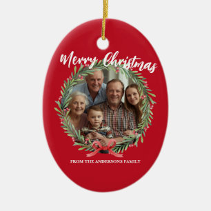 Merry Christmas Wreath Photo Personalized Family N Ceramic Ornament