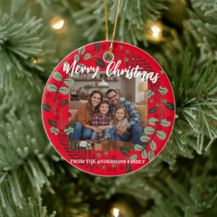 Merry Christmas Wreath Photo Personalized Family N Ceramic Ornament