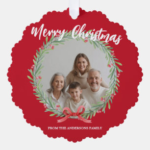 Merry Christmas Wreath Photo Personalized Family N Ornament Card