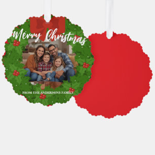 Merry Christmas Wreath Photo Personalized Family N Ornament Card