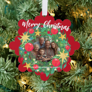 Merry Christmas Wreath Photo Personalized Family N Ornament Card