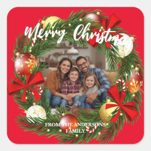 Merry Christmas Wreath Photo Personalized Family N Square Sticker