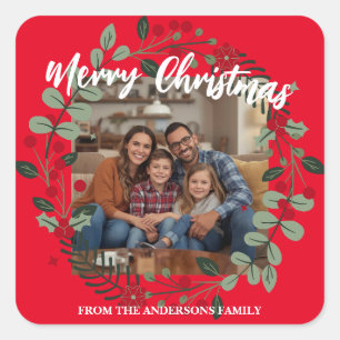 Merry Christmas Wreath Photo Personalized Family N Square Sticker